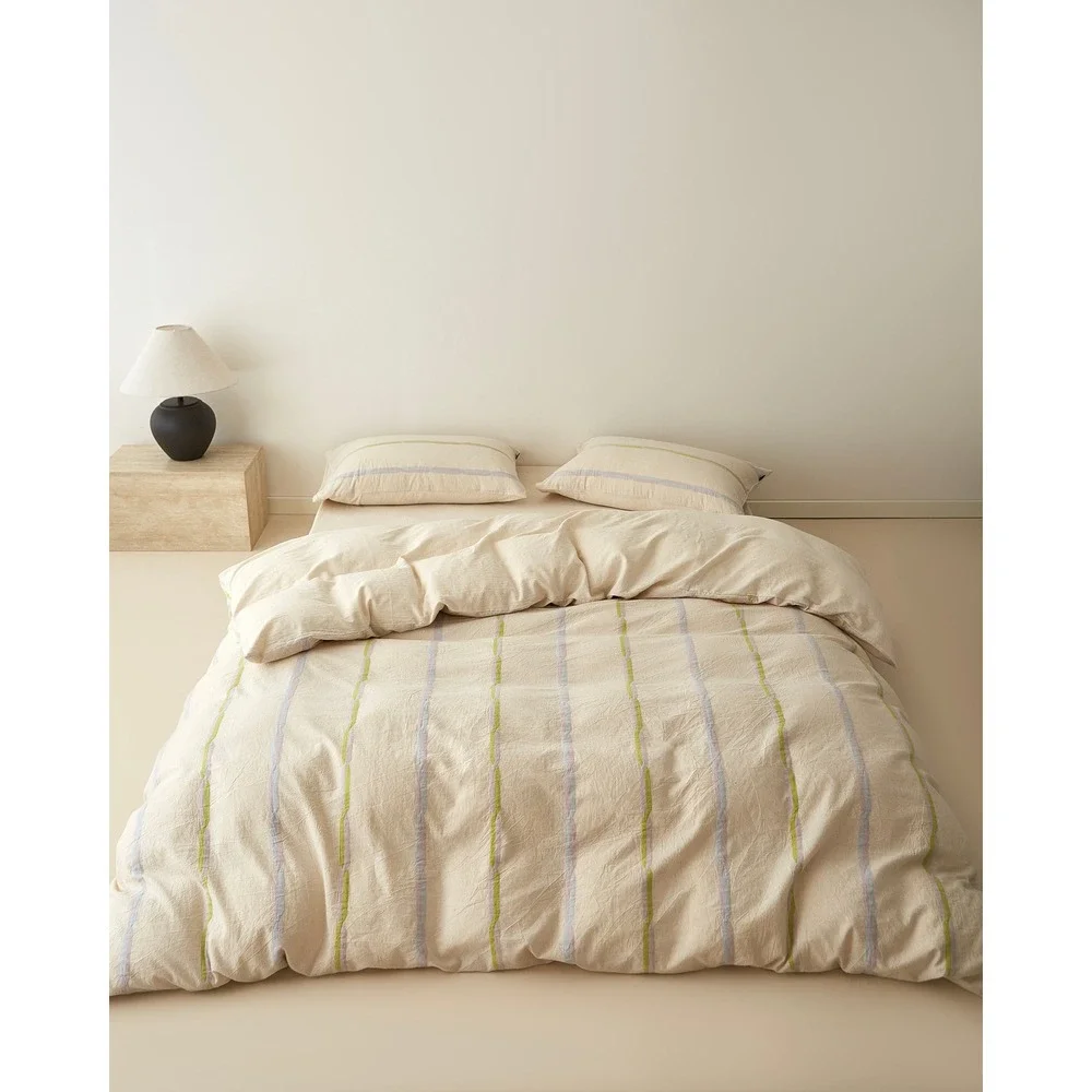 Faith Cotton Linen Striped Duvet Cover Set King Green Top Grade & Natural
